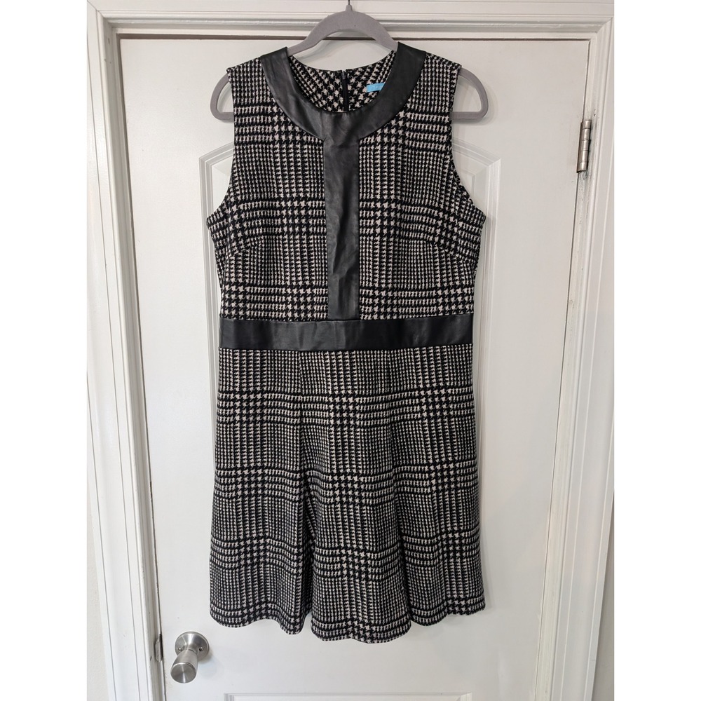J. McLaughlin Houndstooth Plaid Faux Leather Trim Shift Dress Black White XL